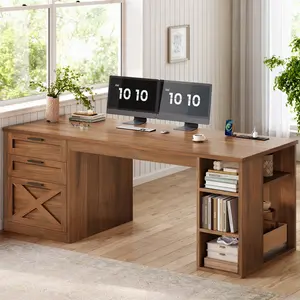 Sedeta 55.1-Inch Modern Farmhouse Office Desk - Rectangular Laptop Desk with 3 Wooden Drawers, Shelves, Power Outlet, Easy Setup, Home Office Workstation