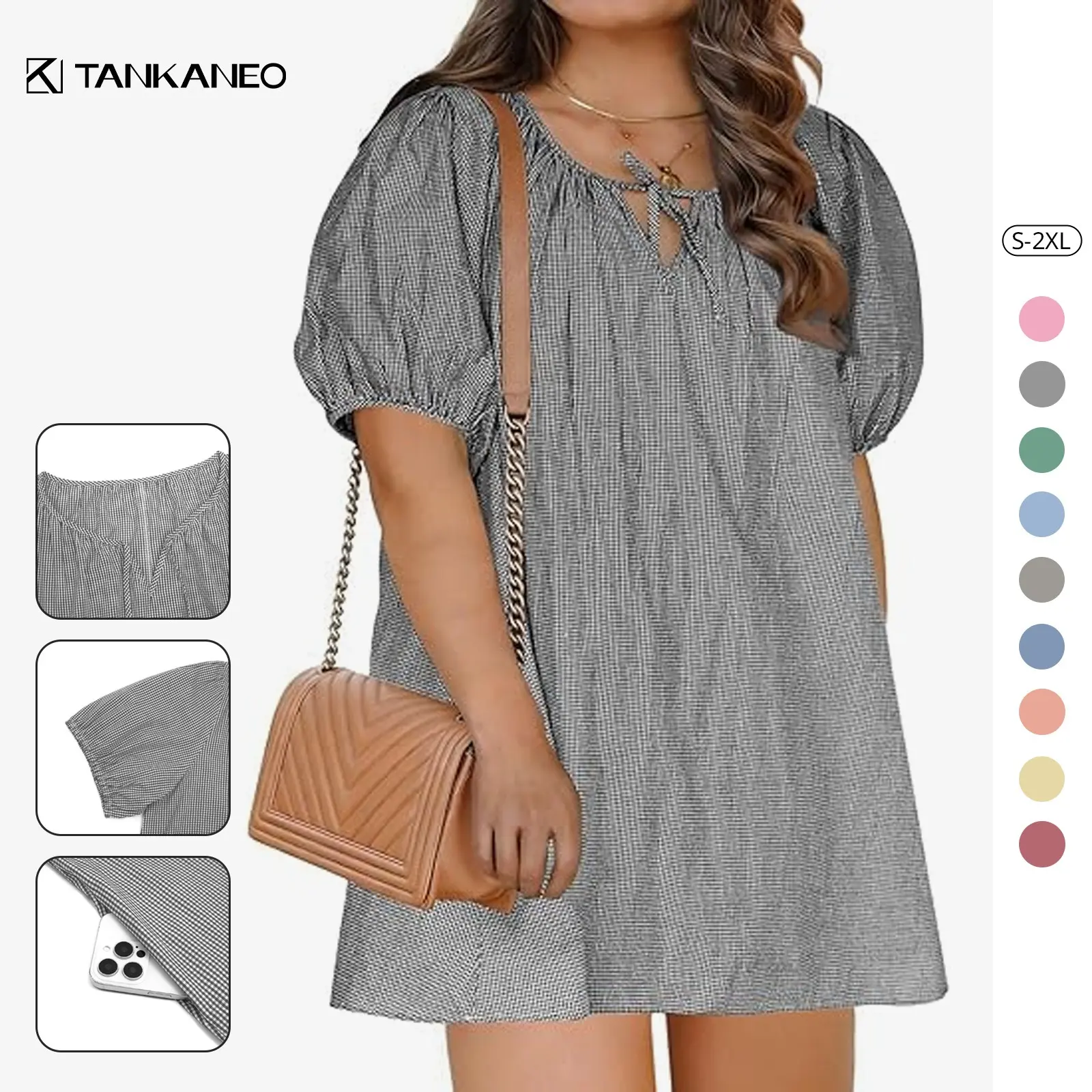 Tankaneo Women's Plus Size Dress Short Puff Sleeve Scoop Neck Gingham Plaid Short Cotton Babydoll Mini Dress with Pockets