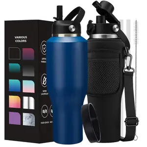 40 oz Stainless Steel Tumblers with Straw - 32oz Water Bottle that Fits in Cup Holder, Water Flask with Straw & Spout Lids, Top Handle, Insulated Water Bottle for Travel Gym Office