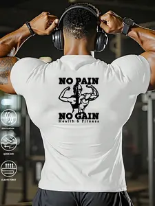 Men's No Pain No Gain Gym T-Shirt, Quick-Dry Breathable Athletic Tee, Slim Fit Muscle Workout Top, Casual Streetwear & Athleisure Shirt for Training, Running, Hiking & Daily Wear Gym Wear Fitness T-Shirt Gothic