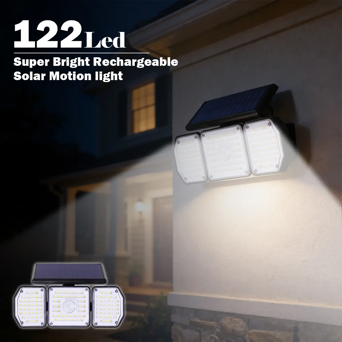 122-LED Motion Sensor Lights, 3-Heads Dimmable Wide-Angle Solar Outdoor Security Flood Wall Light, IP64 Waterproof for Backyards, Outdoor Use