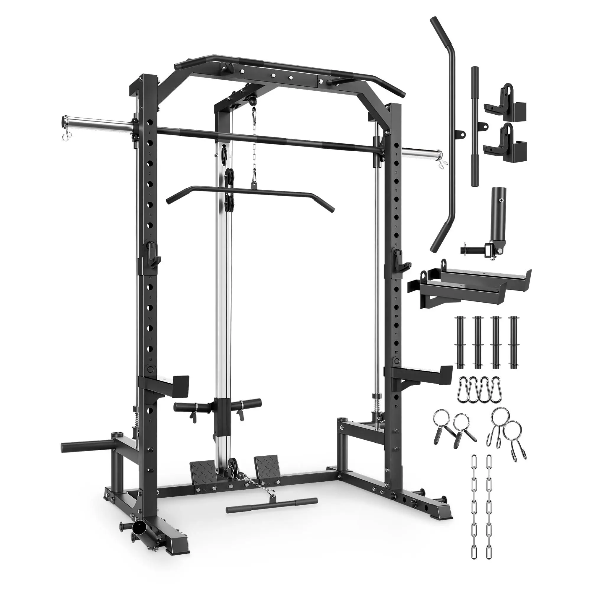 Smith Machine Home Gym with Barbell, Cable System, Lat Pulldown, Spotter Arms, J Hooks & Landmine for Full-Body Training