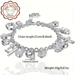 2026 NEW 921 Sterling Silver Heart Key Pendant Bracelet, Bohemian Style with 13 Small Pendants, Shiny Fashion Jewelry Gift for Women, Perfect for Wife or Girlfriend Valentine's Day gift