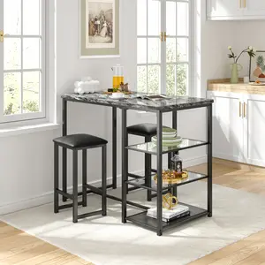 VECELO Dining Table Set for 2 with 3 Storage Shelves, Counter Height Kitchen Table and Chairs with Pu Leather Cushion Stool & Table for Small Space, Dining Room, Apartment