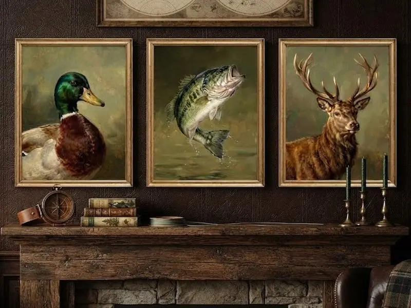 Rustic Wildlife Poster Unframed Set of 3, Deer, Mallard Duck & Largemouth Bass Prints, Rustic Cabin Decor, Vintage Hunting and Fishing Prints,  Decor