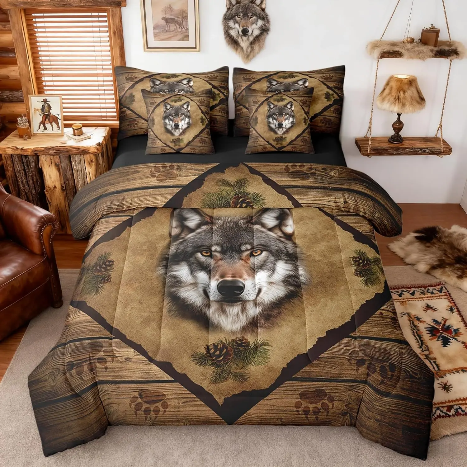 3D Wolf Head Print Comforter Set with Sheets Wild Animal Paw Print Lodge Cabin Bedding Sets Adults Bedroom Dorm Decor Lightweight Bed Set All Season 7 Pcs