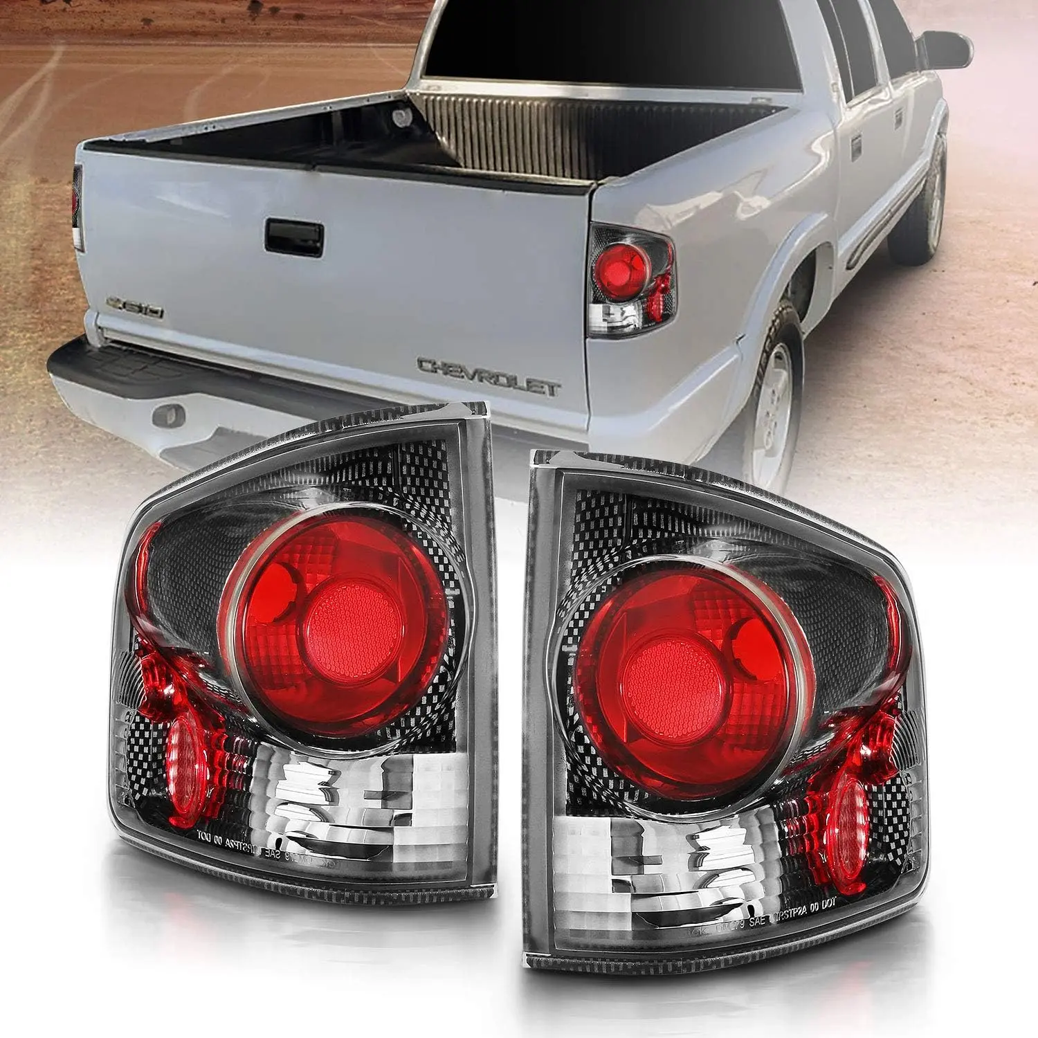 AmeriLite for 94-04 Chevy S-10 / GMC Sonoma Carbon Black Replacement Brake Lamp Tail Lights Assembly Set - Passenger and Driver Side