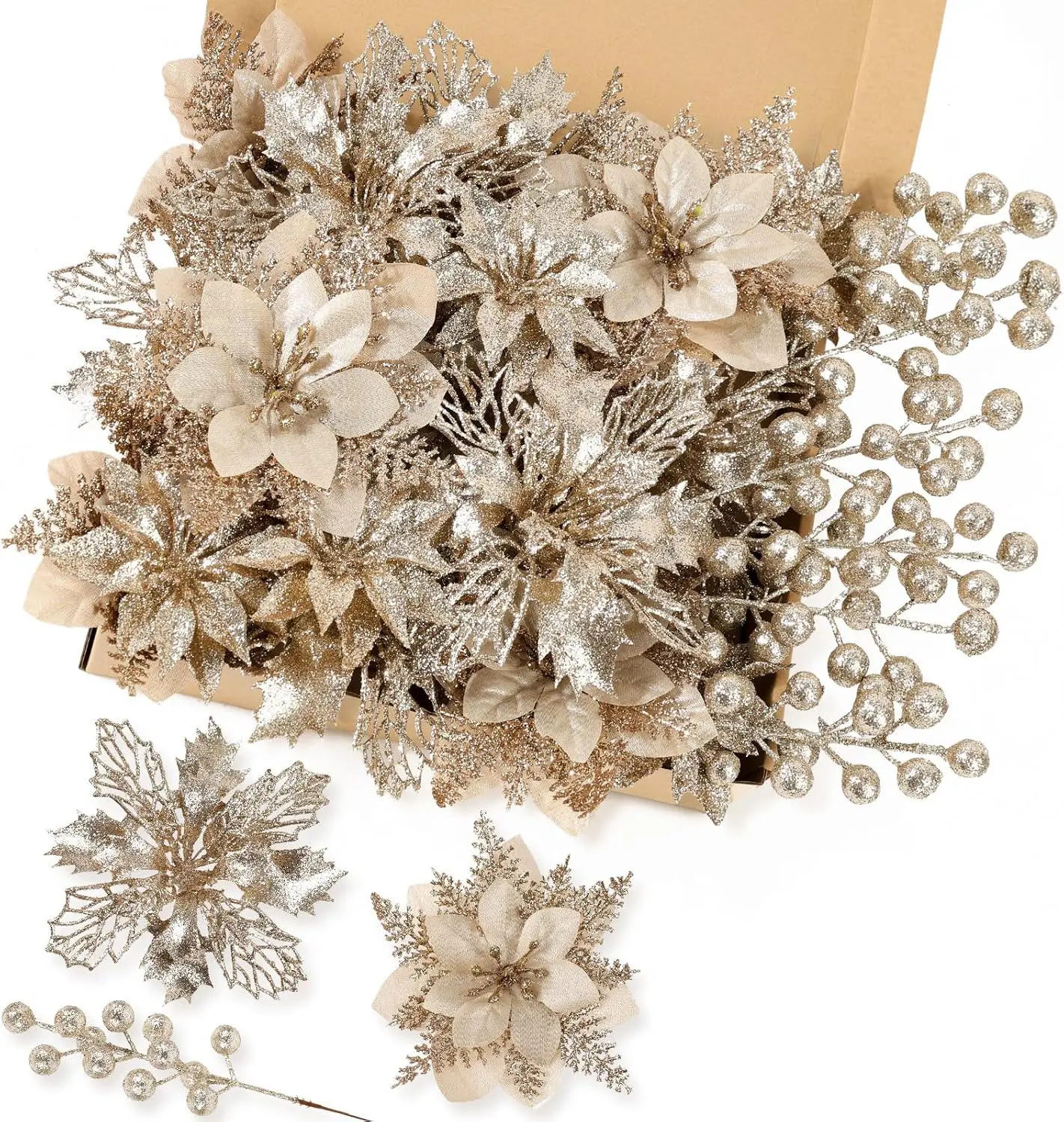 18PCS Christmas Tree Decorations, Champagne Gold Glitter Poinsettia Flowers and Berry Picks, Artificial Floral Stems for Wreath, Garland, Holiday Party and Home Decor