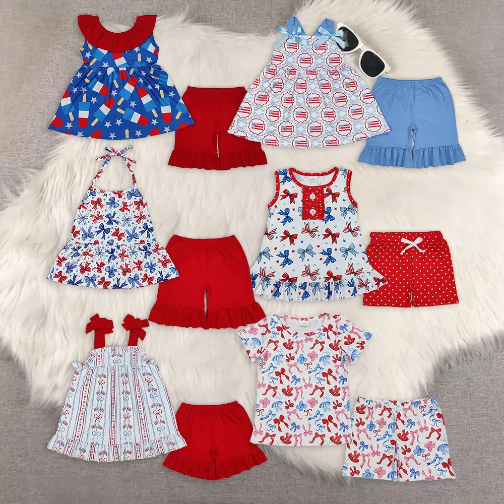 New cute Sibling Children Clothes Summer Girls Outfits July 4th Clothes Girls Blue Stars Popsicle Ruffle Tunic Shorts Outfit 4th of July Clothing Set for Kids