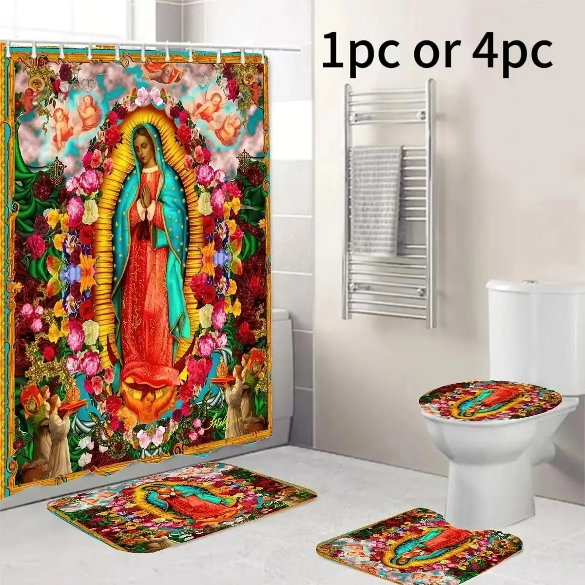 Creative Pattern Bathroom Curtain with 12pcs Hooks, 1/4pcs Non-slip Water Absorption Toilet Carpet, Bathroom Decorative Supplies for Washroom