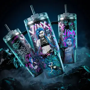 Arcane Jinx LeagueO Legends LOL TFT 40 oz Vacuum Insulated Tumbler with Handle & Straw Blue Hair Graffiti Graphic Keeps Drinks Hot/Cold 12H+ 18/8 Stainless Steel Travel Mug for Gamers & Anime Fans Dark Aesthetic Merch Gift