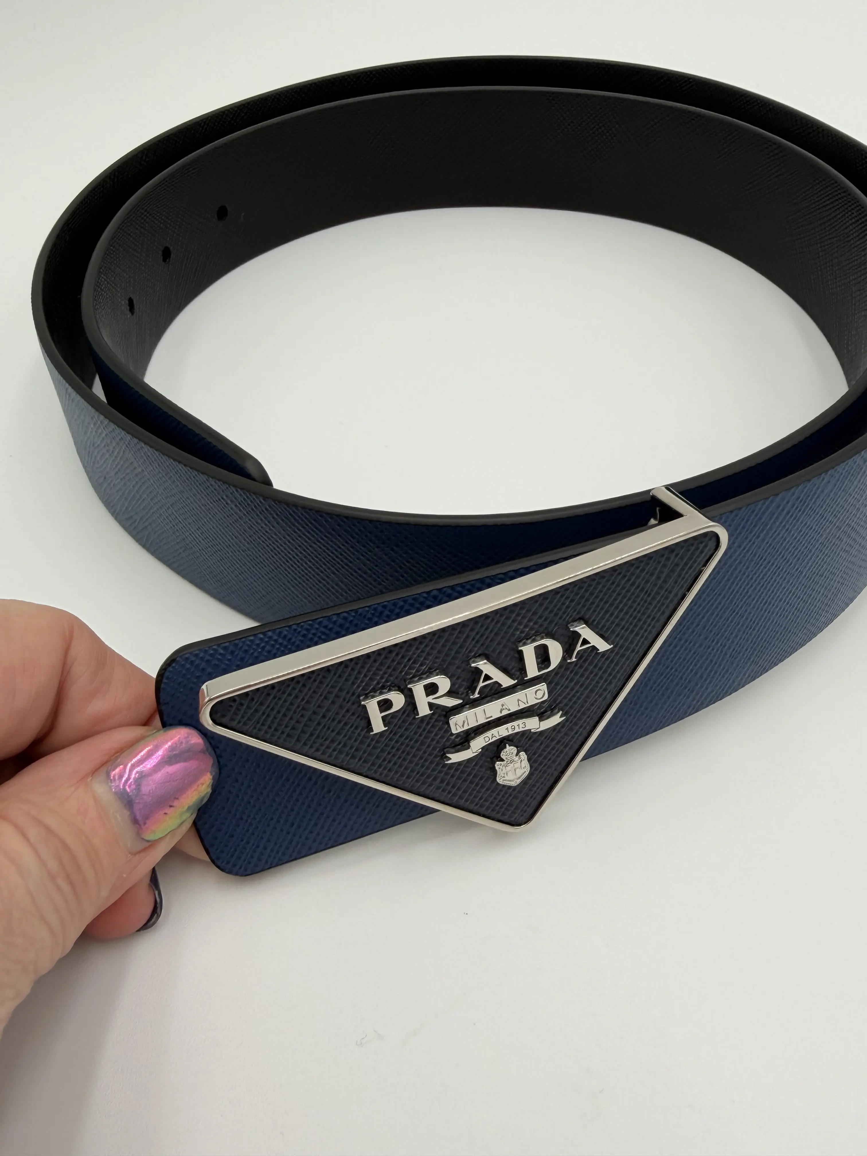 Pre-owned Prada Saffiano Leather Reversible Belt 2 Colors (Blue and Black), Size 105, Two Colors