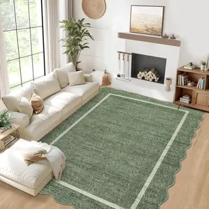 Garvee Washable Scalloped 9x12 Area Rug for Living Room, Border Solid Rug for Bedroom,Washable Rugs 9x12 Soft Low Pile Non Slip Scalloped Rugs for Nursery College Bedroom Playroom Farmhouse,Green