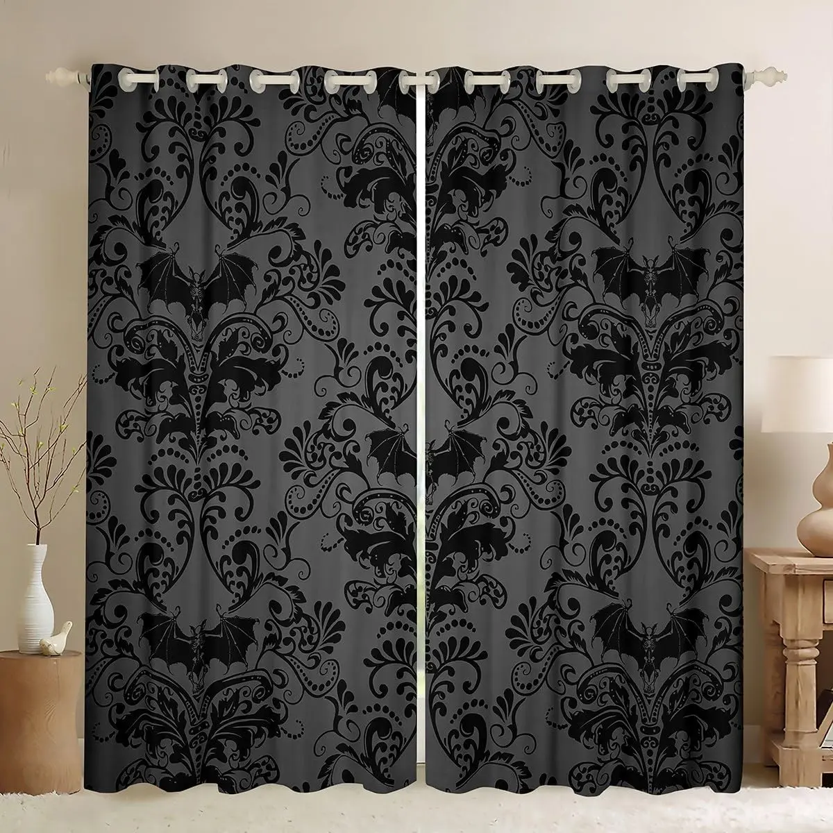 Feelyou Adults' Black Damask Grommet Curtains - Antique Victorian Baroque Blackout Privacy Grommet Drapes, Exotic Vintage Floral, Gothic Bat Sugar Skull Skeleton Decor, Grey Room Soft Furnishing, Privacy Grommet Curtains