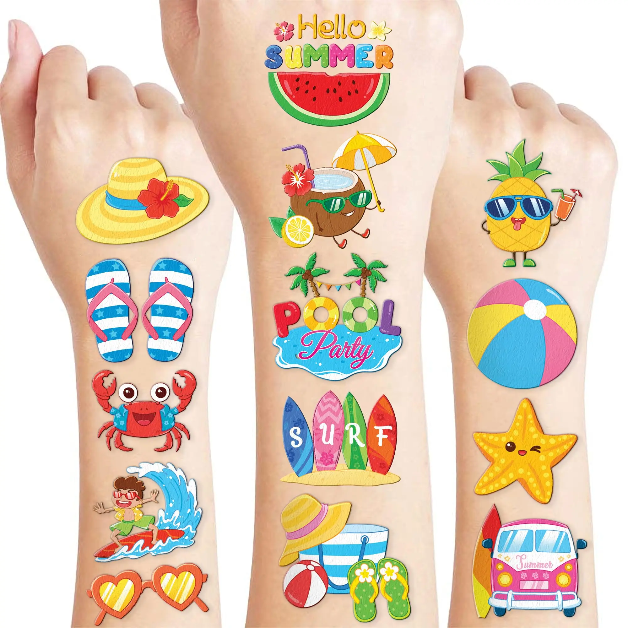 96 Hello Summer Beach Pool Hawaiian Pre-cut Temporary Tattoos For | Super Cute Themed Birthday Party Favors  Supplies Decorations Stickers (multiple)
