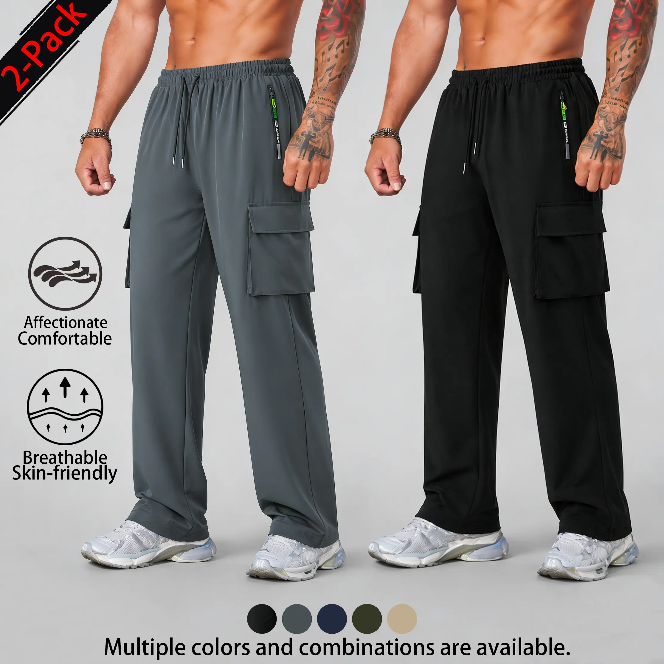 Men’s 2-Pack Lightweight Elegant Plain Cargo Pants – Casual Men’s Pants with Elastic Waistband, Drawstring, Side Zip Pockets, Long Length, Breathable Stretch, Mid-Rise, Machine-Washable for Outdoor & Everyday Wear, Machine-Washable Men's Pants