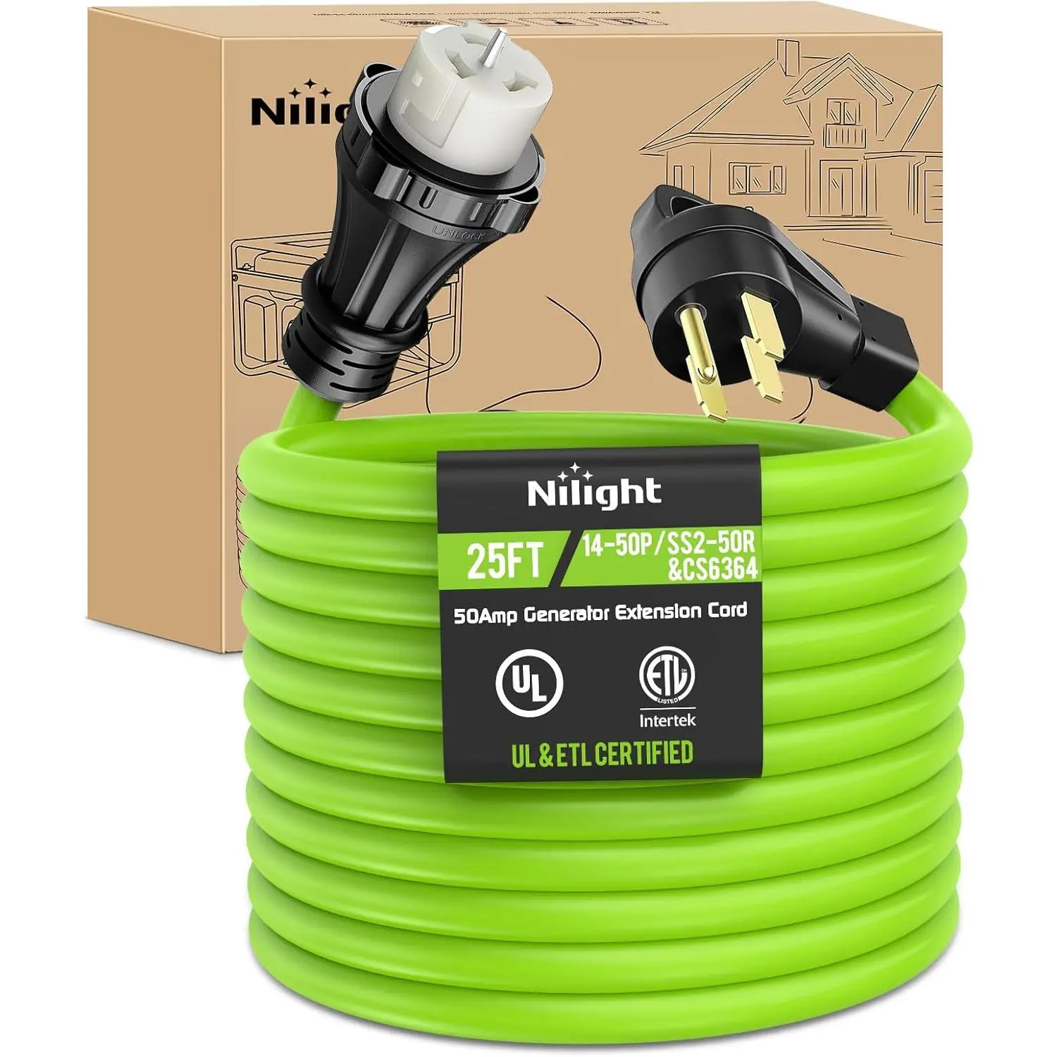 Nilight Heavy-Duty Pure Copper Extension Cord, 25ft Twisted Wire, 50A 250V, 6/3+8/1 Gauge, ETL Listed 4-Prong 14-50P SS2-50R&CS6364, Flexible Weather-Resistant Weather-Proof, Easy-to-Store with Organizer, Power Backup for RV Outdoor Automotive Needs