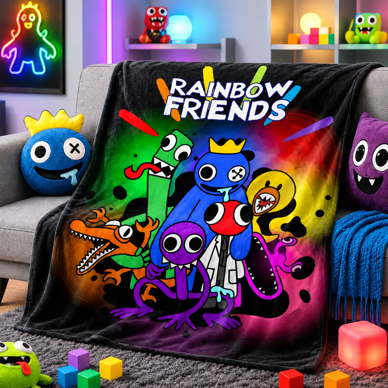 Rainbow Friends Colorful Game Theme Soft Fabric Blanket - Neat Stitched, Skin-Friendly, Warm, Machine Washable Multi-Size Throw for Home & Office Sofa Bed, All-Season Easy Care, Living Room Decor
