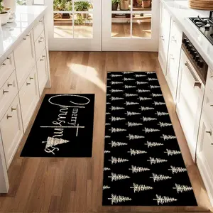 2Pcs Christmas And New Year Printed Kitchen Rug Set With Black Christmas Tree Sketches Farmhouse Kitchen Carpet Restaurant Floor Laundry Room Decoration Carpet Mat Home Decor Rugs
