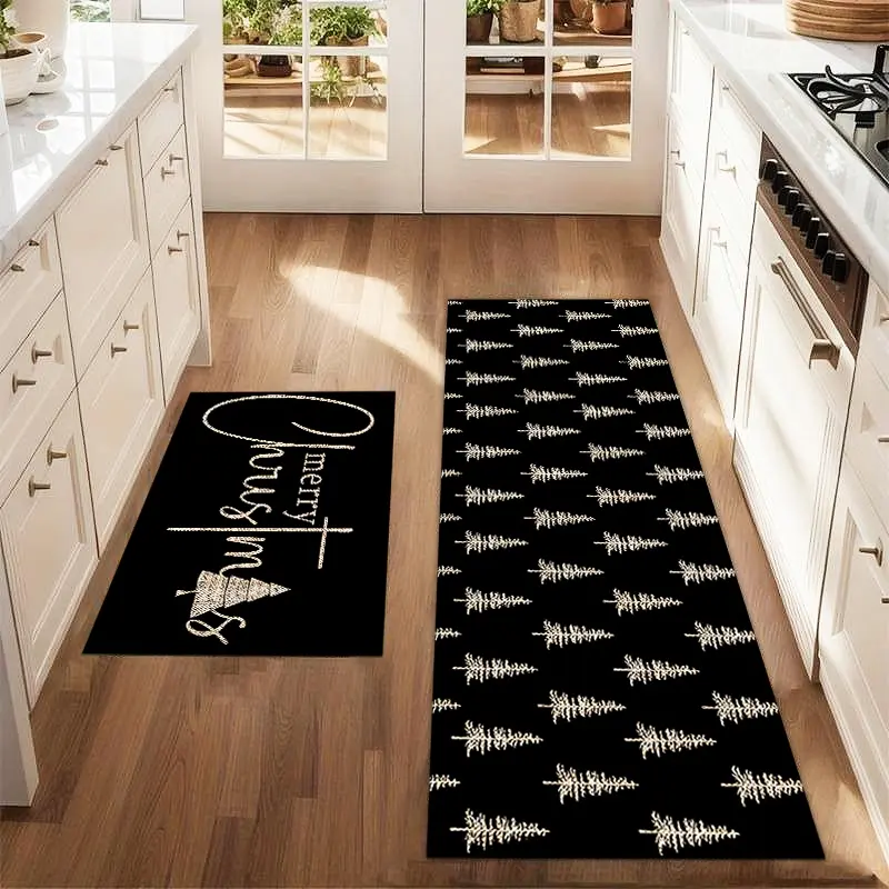 2Pcs Christmas And New Year Printed Kitchen Rug Set With Black Christmas Tree Sketches Farmhouse Kitchen Carpet Restaurant Floor Laundry Room Decoration Carpet Mat Home Decor Rugs Kitchen Area Rug Decorative Rug