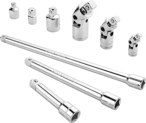 9 count Socket Accessory Set, Includes 3/8" Drive Extension Bar Set, 1/4", 3/8" & 1/2" Drive Universal Joints and Adapters, Chrome Vanadium Steel with Mirror Finish, Chrome Plated