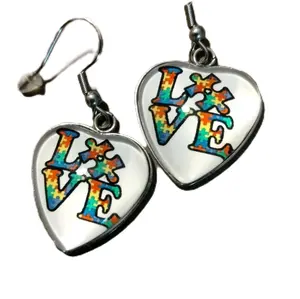 Autism Awareness Support Puzzle Piece Heart Dangle Earrings Love Design Rainbow Colors
