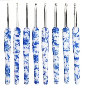 8pcs/set Blue and White Porcelain Pattern Crochet Hook Set, Crochet Supplies For DIY