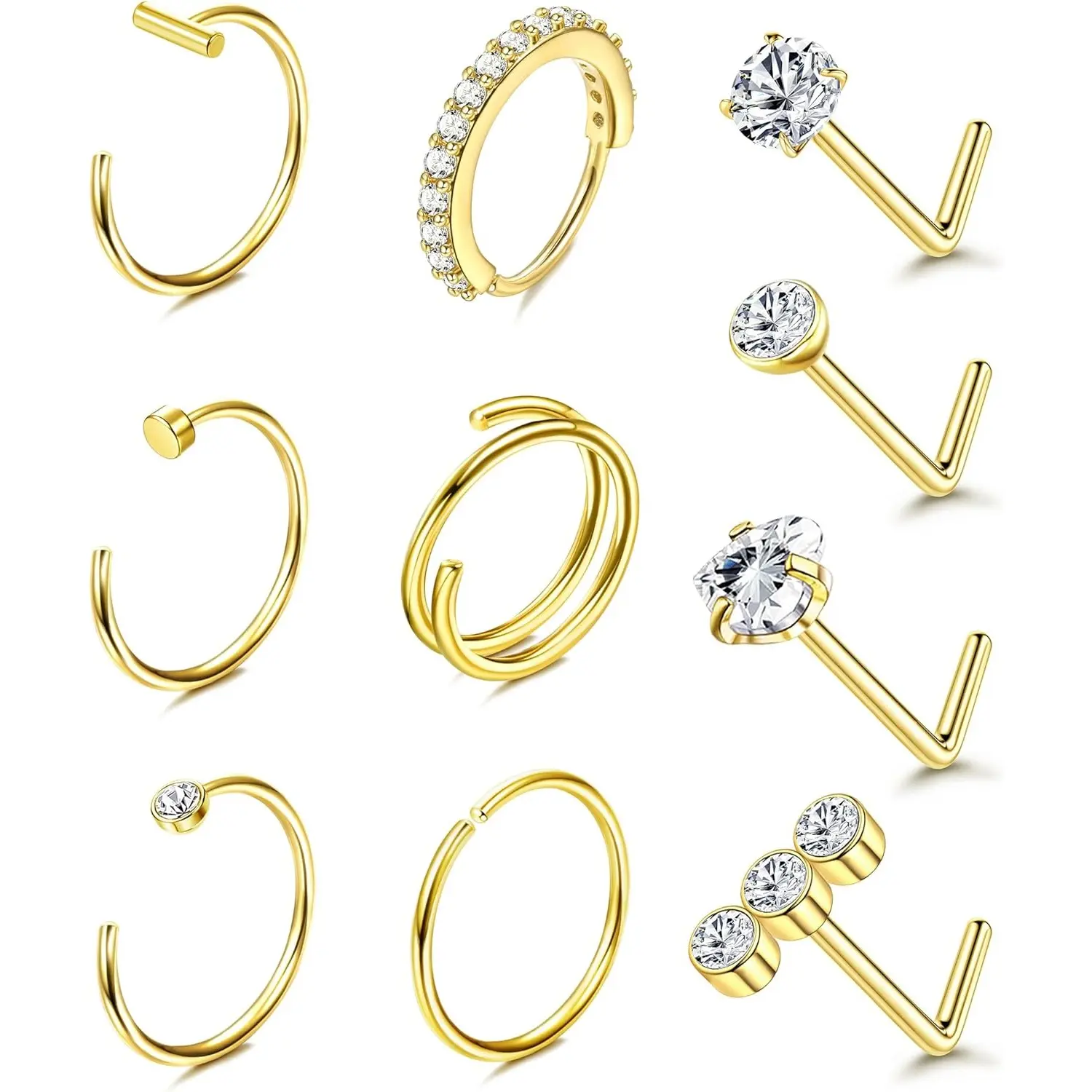 FIASASO 20G Unisex Nose Piercing Jewelry Set (10Pcs) - 14K Gold Plated 316L Stainless Steel, L-Shaped/Round CZ/Heart Studs & Hoops, Hypoallergenic Body Piercing Jewelry