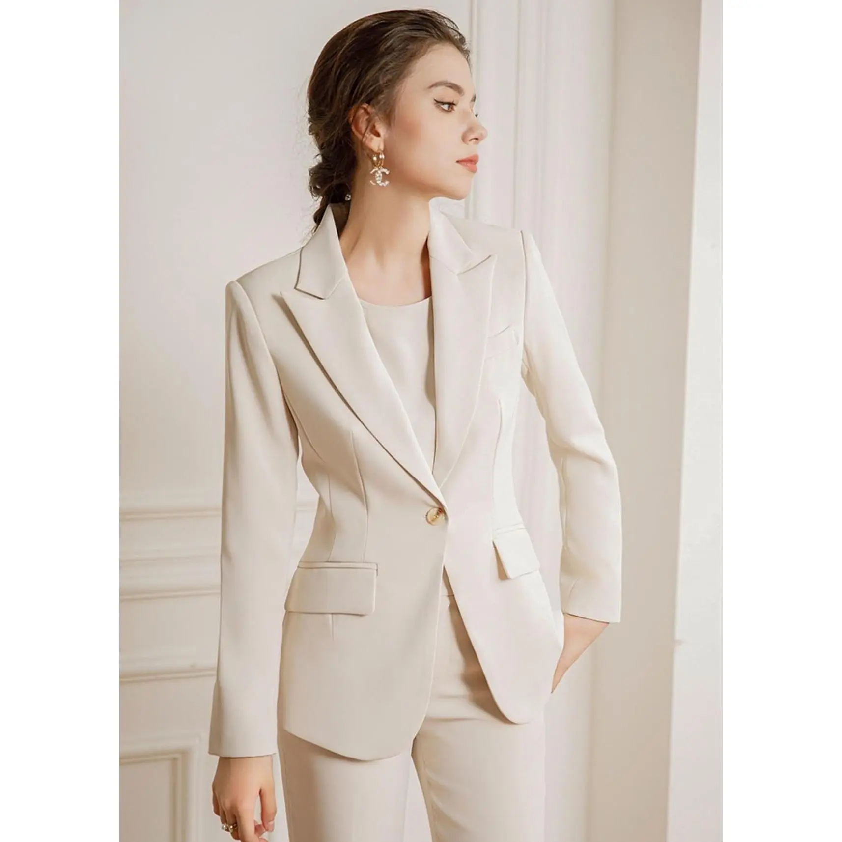 Three Pcs Beige Pantsuit Set
