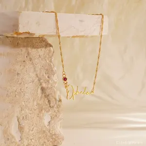 AS620 Personalized Custom Name Birthstone Necklace Stainless Steel Cut Name Necklace Holiday Gift for Men and Women