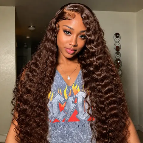 100% Human Hair Colored Lace Front Wig - Bling Hair, 180% Density Thick Chocolate Brown, 13x4/13x6 HD Transparent Glueless, Deep Wave/Deep Curly, Anti-Tangle, Natural Styling Friendly