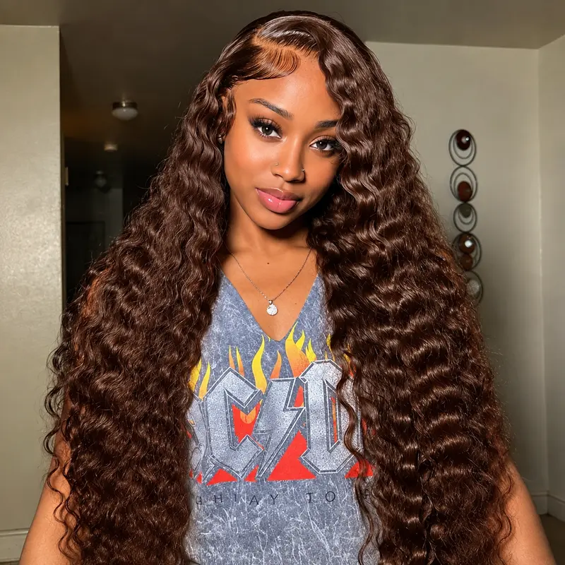100% Human Hair Colored Lace Front Wig - Bling Hair, 180% Density Thick Chocolate Brown, 13x4/13x6 HD Transparent Glueless, Deep Wave/Deep Curly, Anti-Tangle, Natural Styling Friendly