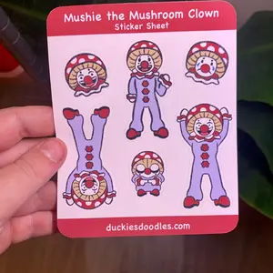 Mushie the Mushroom Clown Sticker Sheet - 4" x 5" Water Resistant Stickers Decor Decorative