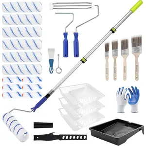 Paint Roller Kit with 2 to 4 FT Extension Pole for House Painting - Completed Home Painting Set with 9" & 4" Paint Roller Covers, Tray, Paint Brushes and Accessories