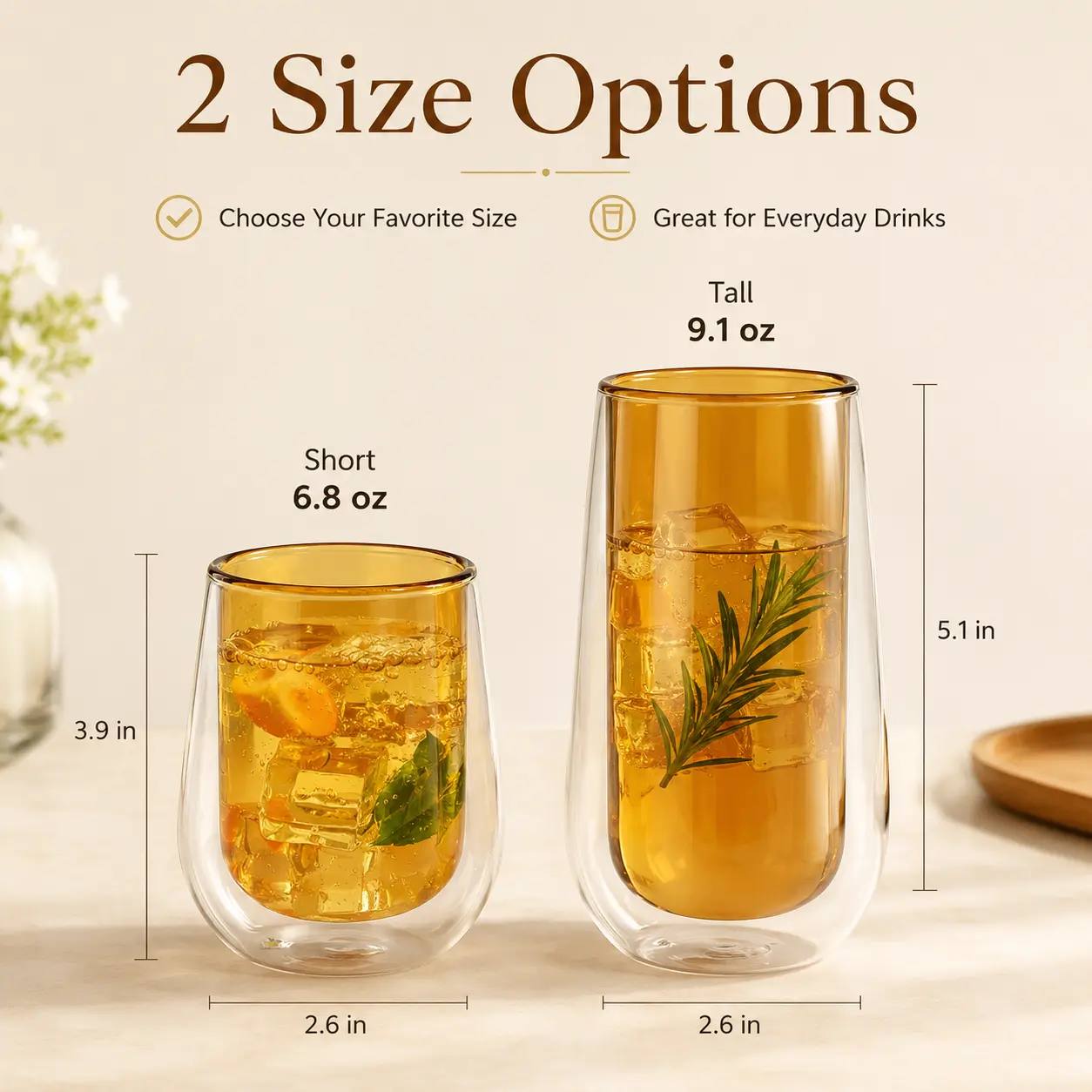 Set of 2 Double‑Wall Borosilicate Glass Tumblers, Insulated Amber Glass Cups in 6.8oz Short & 9.1oz Tall Sizes, No Condensation, Drinkware for Iced Coffee, Tea & Party Hosting
