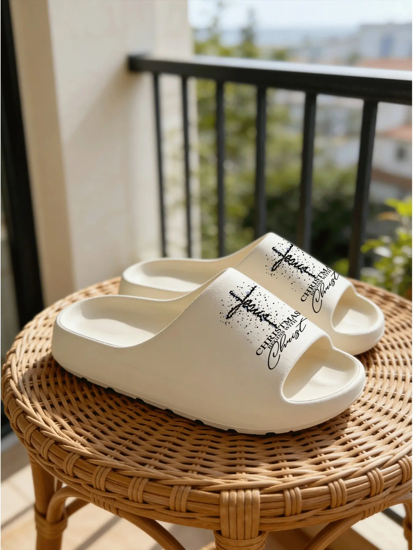 'christmas Begins with Christ' Cross Print Sandals, Minimalist Religious Style, Medium Width, Eva Sole, All Seasons, Casual Home Slippers