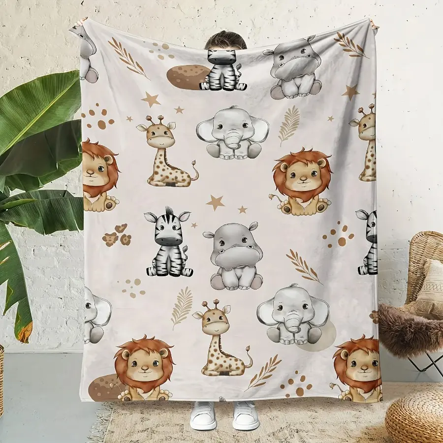 Flannel Throw Blanket - Adorable Safari Animal Design, Soft Warm Wrinkle Resistant, 50*60in Adult Size, Ideal for Adults’ Kids’ Room Decor