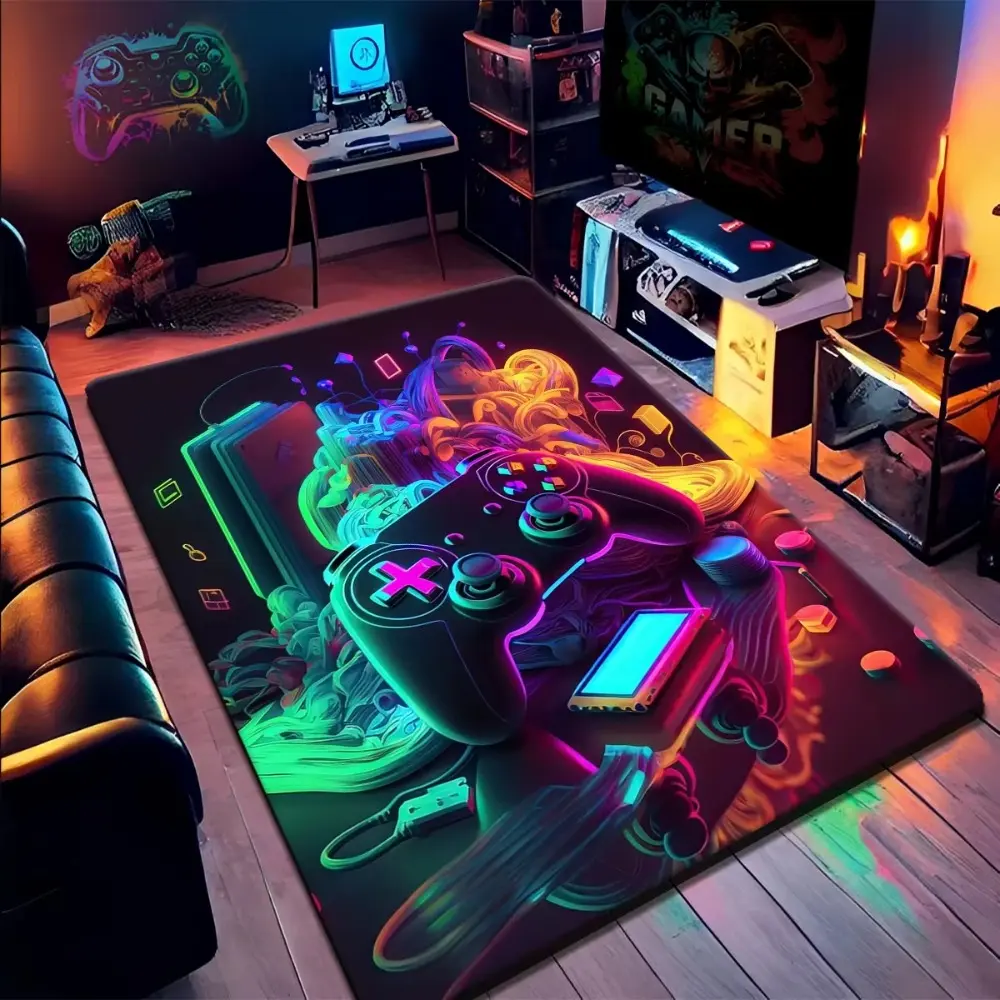 Neon Game Controller & Console Flannel Area Rug, Cool Theme Rug, Gaming Rugs, Fluffy Rugs - Oversized Soft Plush Mat for Gaming Room & Bedroom, Non-Slip Thick Video Game Pattern Home Decor for Gamer Enthusiasts