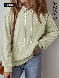 Women's Casual Checkered Print Kangaroo Pocket Drawstring Hoodie