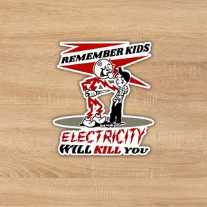 Remember Kids Electricity Will Kill You Sticker, Funny Electrician Safety Vinyl Decal, Retro Electrical Hazard Waterproof Sticker for Hard Hat Toolbox Laptop Car Window