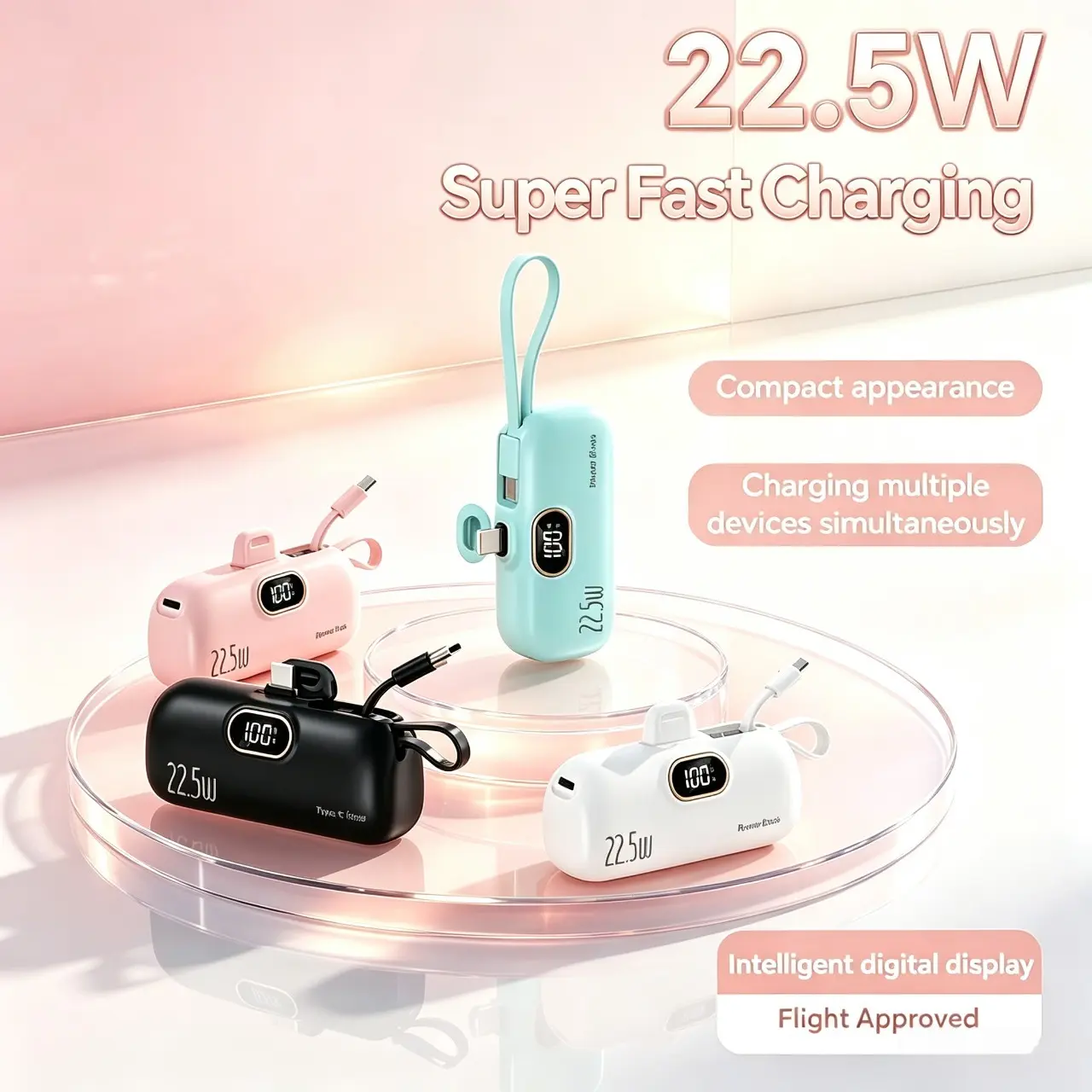 5000mAh Mini Portable Charger Power Bank, 22.5W Fast Output with USB-A & Type-C Dual Ports, Digital LED Power Display, Compact Lightweight Portable Charger for Daily Travel