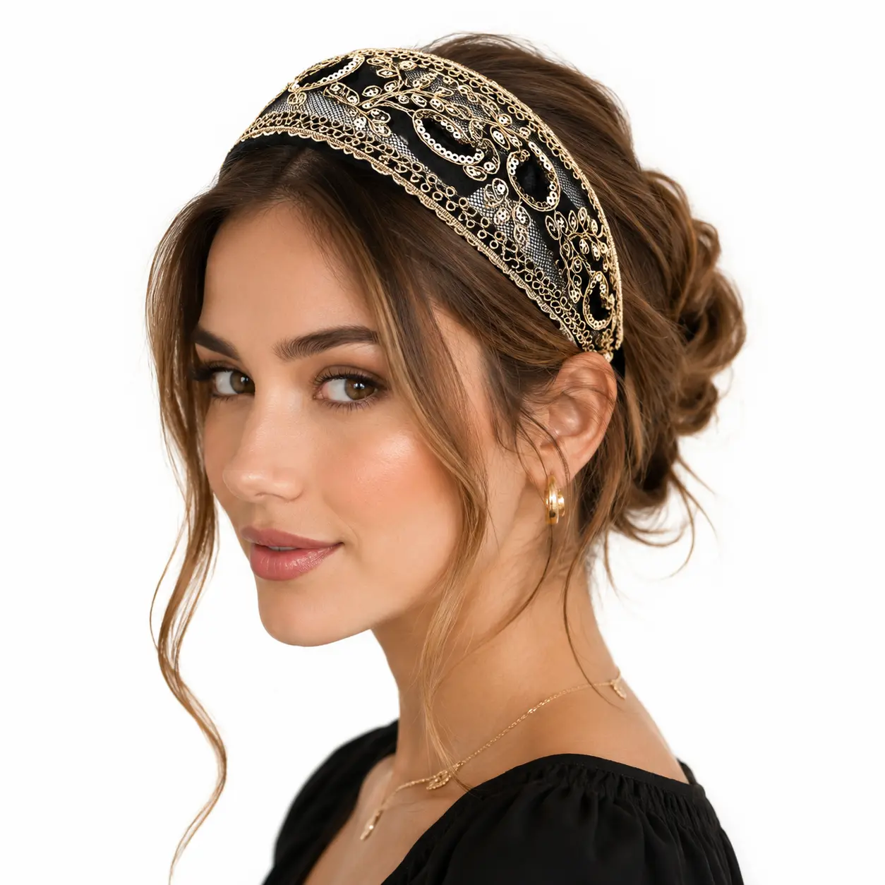 1Pcs/2Pcs/3Pcs Wide Lace Headband for Women, Vintage Embroidered Mesh Headband with Gold Sequin Floral Pattern, Non Slip Comfortable Hair Hoop, Boho Thick Padded Headband, Elegant Hair Accessories for Wedding, Party, Date Night, Vacation & Daily Wear