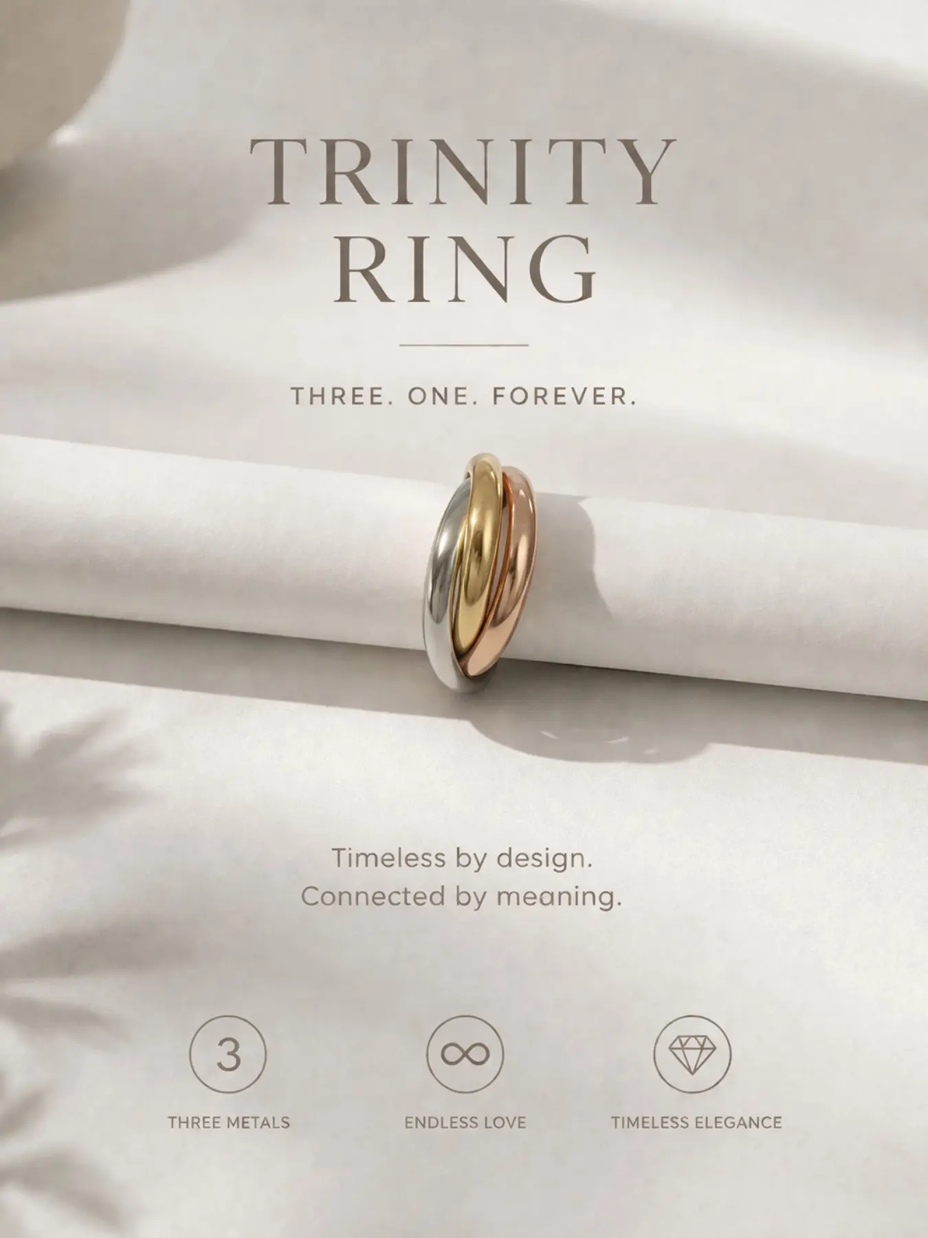 Trinity Tri Color Interlocking Rings, Three Tone Gold Silver Rose Gold, Stackable Band Ring, Luxury Classic Designer Inspired, Women's Daily Jewelry