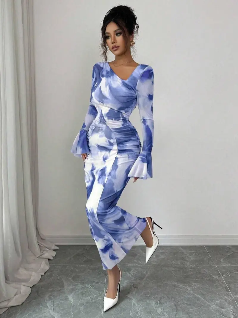 long sleeve tie dye bodycon dress Tina's Tie-Dye Long Sleeve Maxi Bodycon Dress Orange / S by Blue Zone Planet main image 0