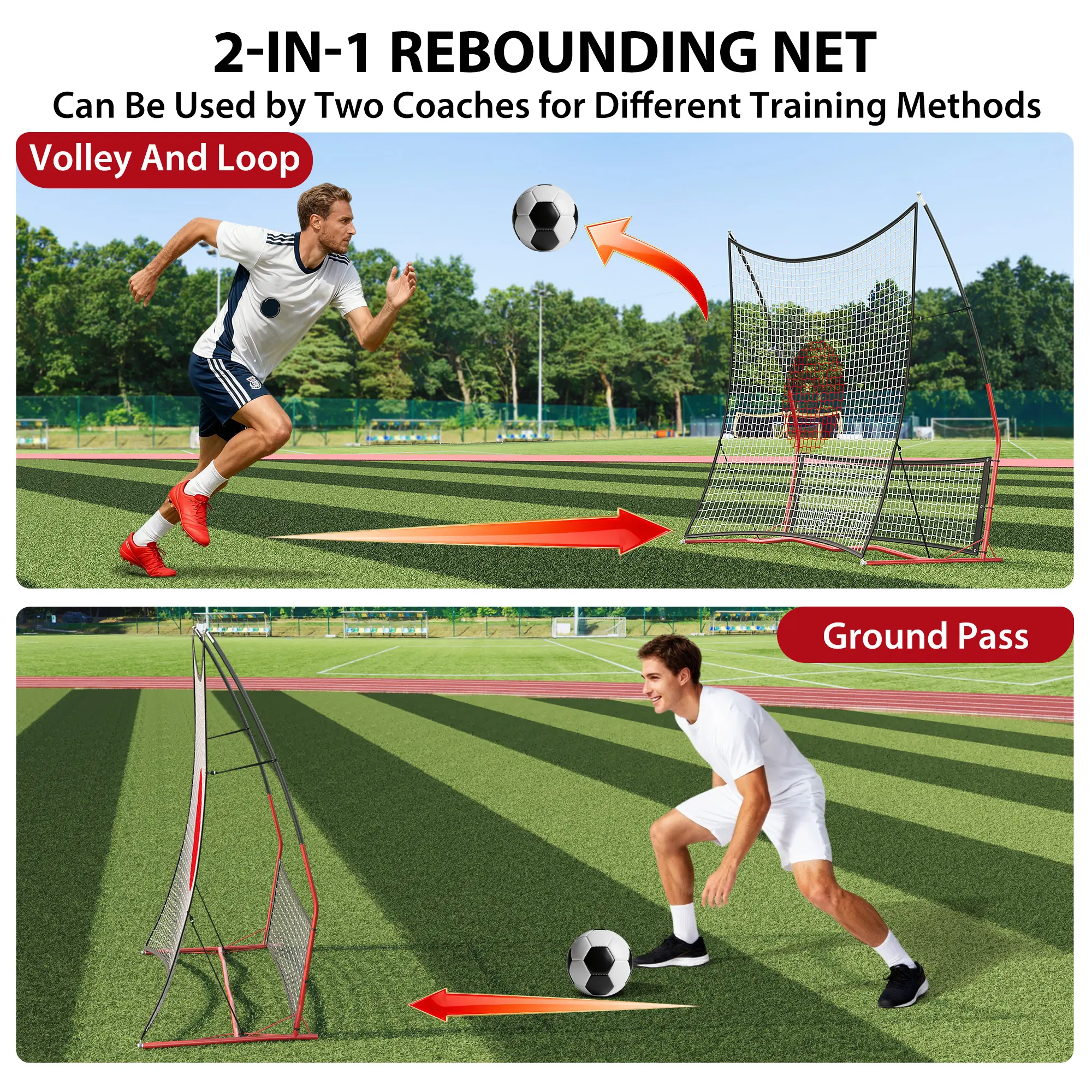 2-in-1 Multi-Directional Soccer Rebounder, Adjustable Portable Football Net with Carry Bag and 4 Ground Stakes, Ideal for Indoor Outdoor Pass Training