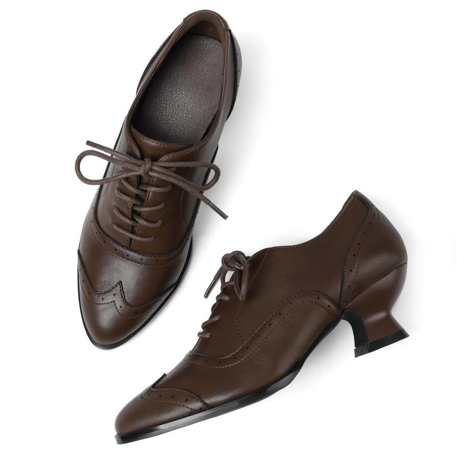 Women's Oxfords Dress Wingtip Vintage Comfortable Chunky High Heel Lace Up Brogues Booties Classic Wingtip Brogue Detail Sleek Faux Leather Material Comfortable Low Heel Timeless Vintage Style Versatile Footwear for Office, Casual Wear