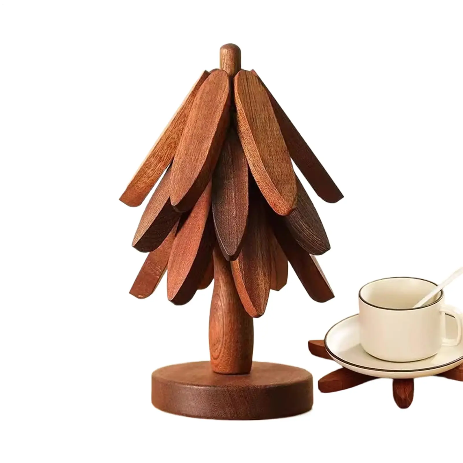 Tree Trivets for Hot Dishes Wooden Trivets for Hot Dishes, Tree Shape Trivet Set Coaster, 4 Walnut Wood + 1 Stand, Foldable Kitchen Wooden Trivet, CollapsibleHots Pad TrivetTree for Stove