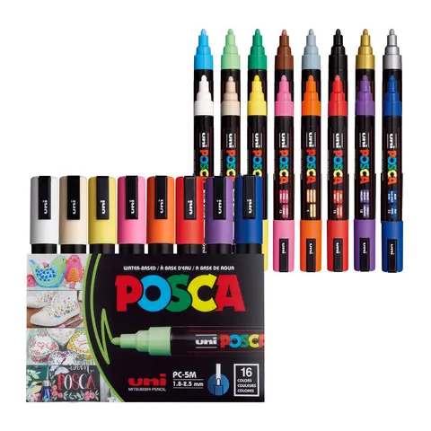 POSCA® PC-5M Water-Based Paint Markers 16-Pack, Medium Reversible Tip (1.8-2.5 mm) Assorted Colors for Art Projects, Art Pen Marker for Coloring, Creative Painting, Drawing