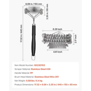 VEVOR Grill Brush and Scraper, BBQ Brush for Outdoor Grills, Stainless Steel Woven Wire, Bristle Free Barbecue Brushes for Porcelain, Charcoal, Grate Cleaner Grill Accessories, 17 in