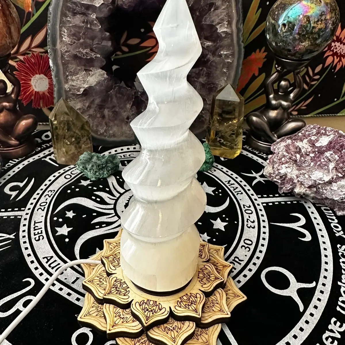 Satin Spar unicorn horn on lighted base Home Ornament Home Ornament